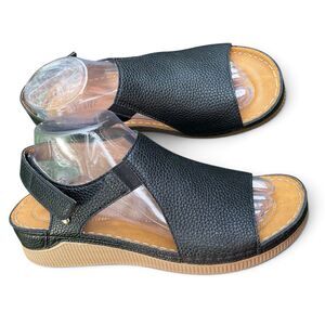 Flex Step Leyna Sandals Womens 8.5M Black Comfort Wedge Resort Hook Loop NWOT